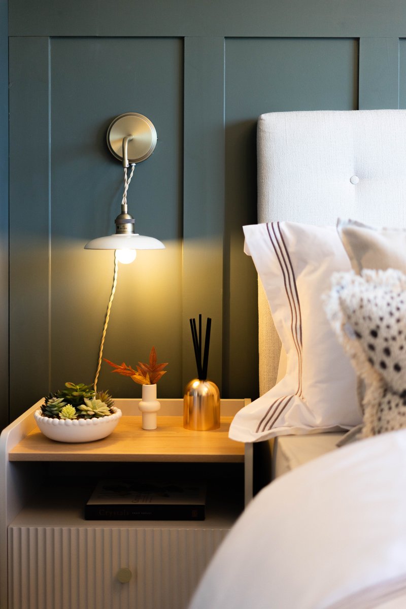 Bedside detail shot with a lamp